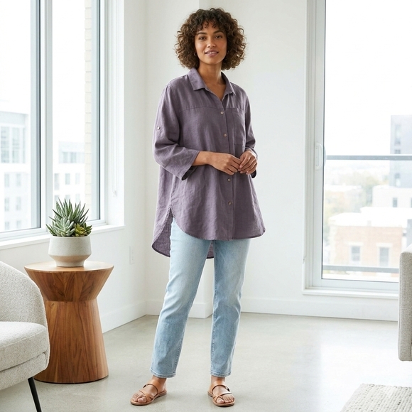 Kleen Tops - Kleen Women's Purple Casual 100% Linen Button Down Shirt XL